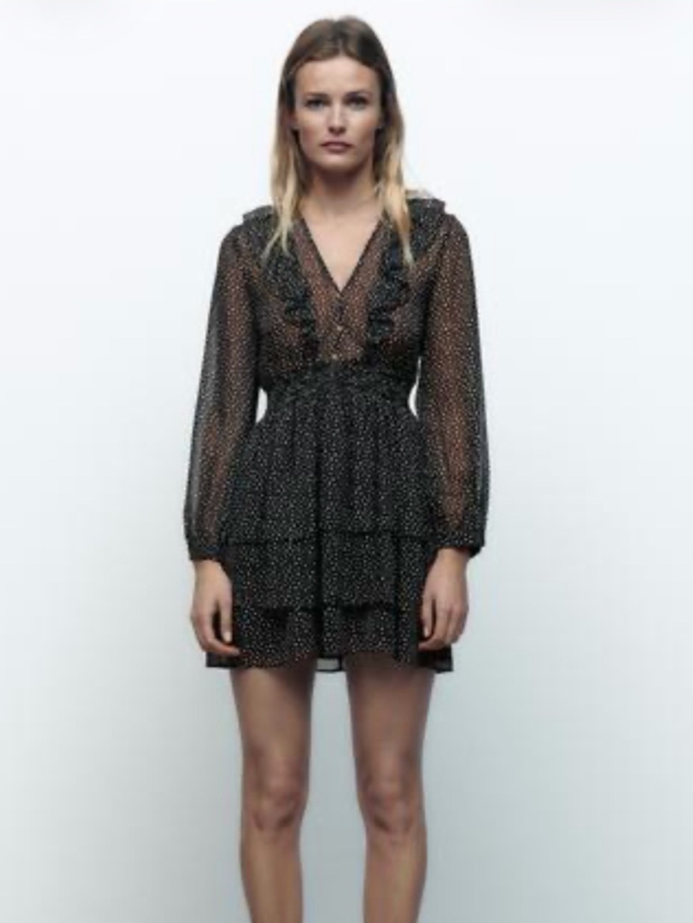 Zara Black and White Polka Dot Long Sleeve Ruffle Dress